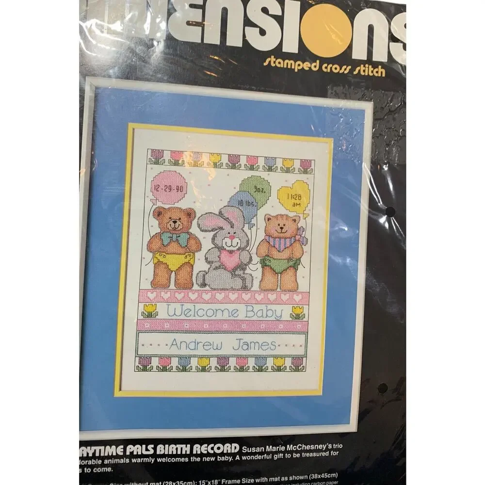NEW Vtg 1989 Dimensions Cross Stitch Kit Playtime Pals Birth Record 11